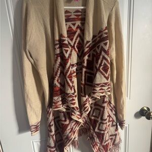 No Boundaries Beige and Burgundy Patterned Cardigan